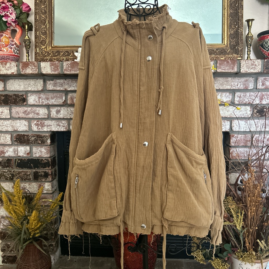 Blanknyc Mustard Yellow Drawstring Button Woven Raw Hem Jacket Sz L